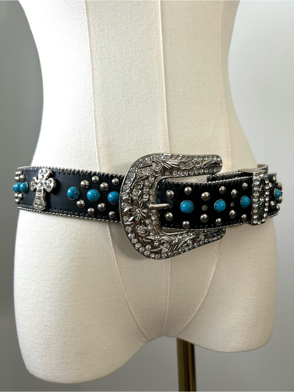 BHW Western Studded Rhinestone Crosses Big Buckle Leather Bling Belt Womens M